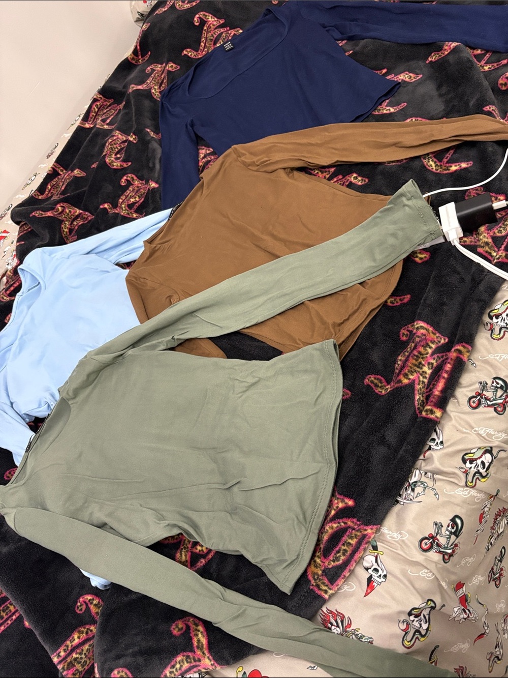 Long Sleeve Scoop Neck Tops - Navy, Light Blue, Olive, Brown Bundle